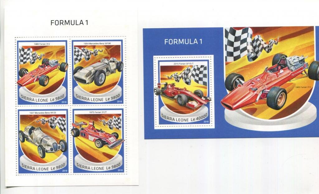 Сьерра Леоне 2018 Автомобили. Автогонки. Формула-1(М.л.+бл)