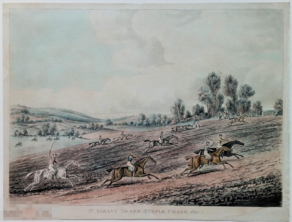 Гравюра Скачки Лошади Англия Верховая Езда 19 век Акватинта