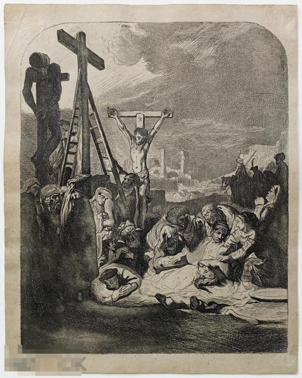 Гравюра 19 век Рембрандт Оплакивание Христа Офорт