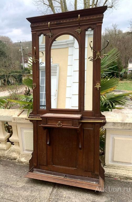 Старинная вешалка Прихожая Дуб Зеркало Латунь