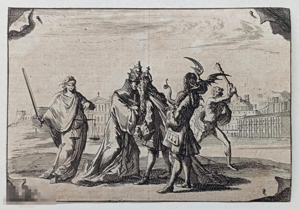 Каспар Лёйкен Карикатура Людовик XIV Папа Иннокентий XI Гравюра 17 век Офорт
