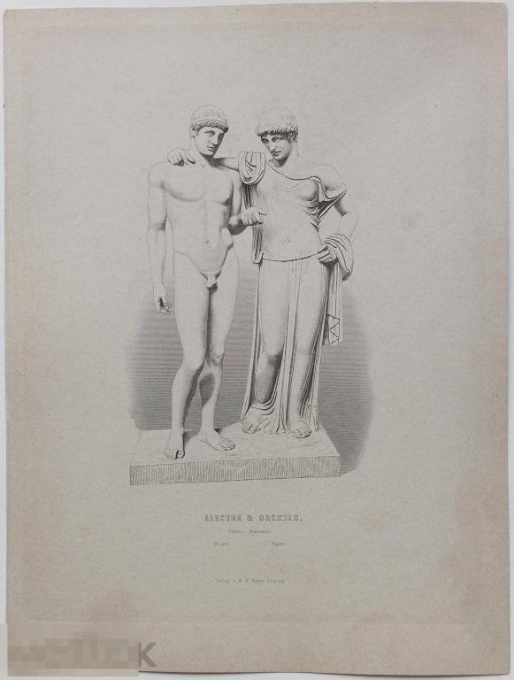 Электра и Орест Скульптура 19 век Гравюра Древний Рим Мифология Античность