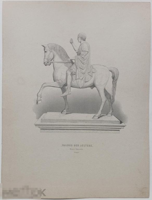 Конная Статуя Марко Нонио Бальбо Скульптура 19 век Гравюра Древний Рим  Античность