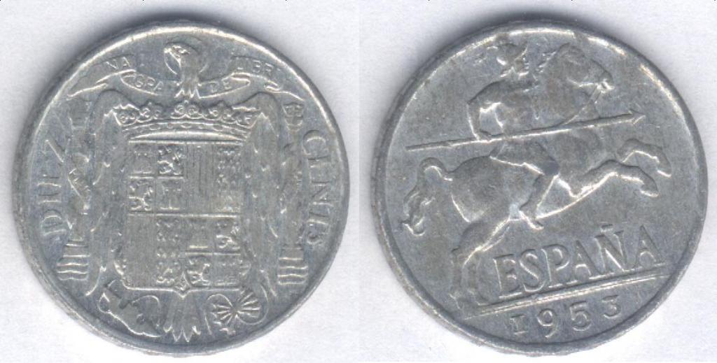 Монета Испания 10 сентимо 1953 г. XF+, алюминий (2)