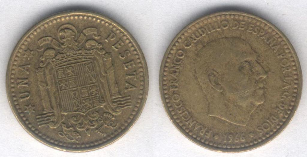 Монета Испания 1 песета 1966 г. VF (год в 2-х звёздочках - 1968)