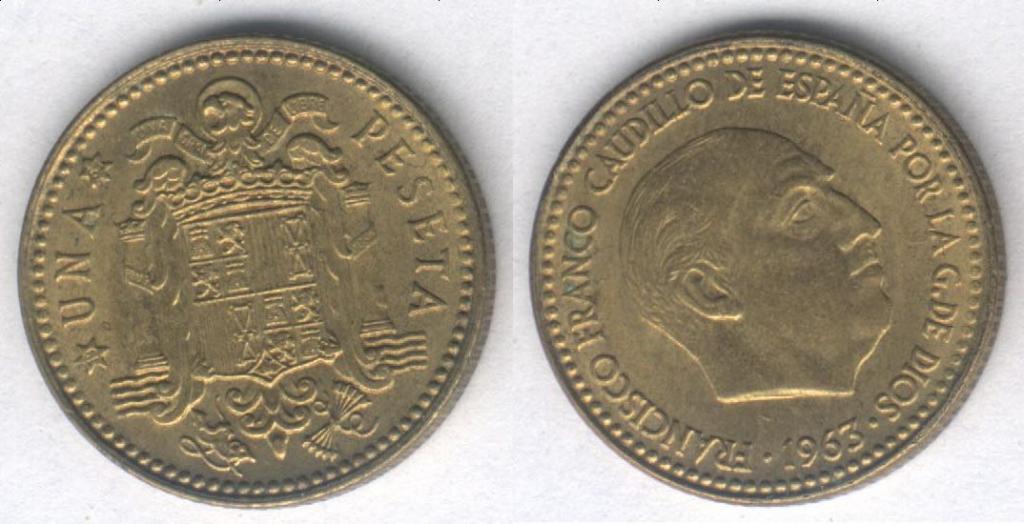 Монета Испания 1 песета 1963 г. XF (год в 2-х звёздочках - 1964)