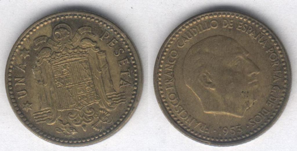 Монета Испания 1 песета 1953 г. VF (год в 2-х звёздочках - 1956)