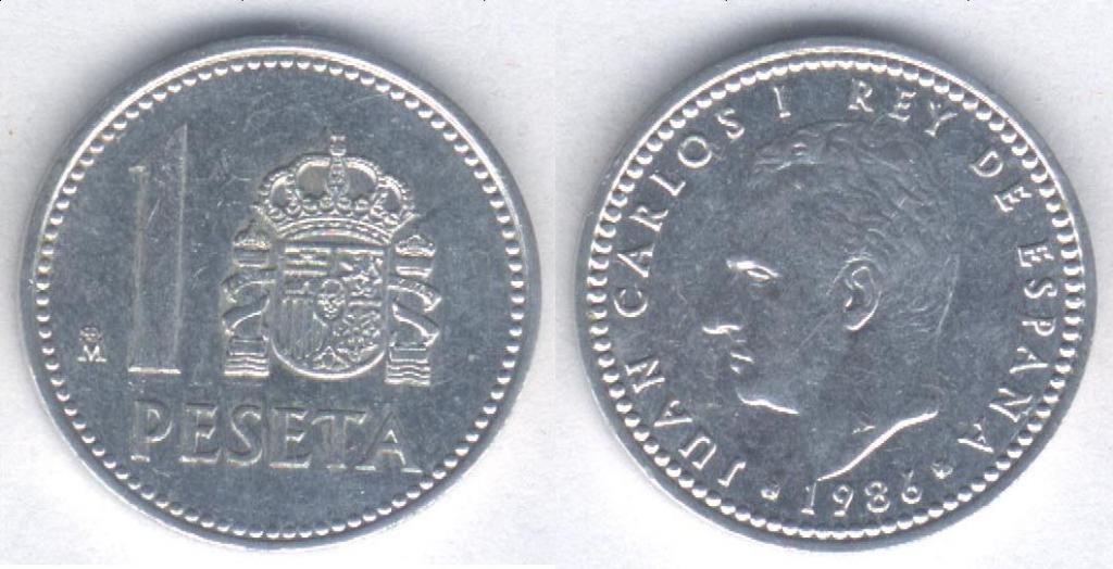 Монета Испания 1 песета 1986 г. XF, алюминий