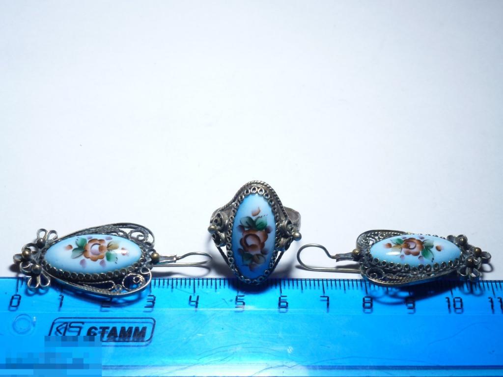 КОМПЛЕКТ СЕРЬГИ И КОЛЬЦО ВИНТАЖ БИЖУТЕРИЯ ФИНИФТЬ