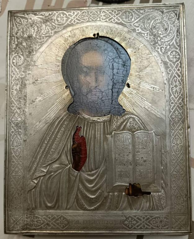 икона в серебряном окладе Вседержитель, прописная, серебро 84 проба, 1886 год