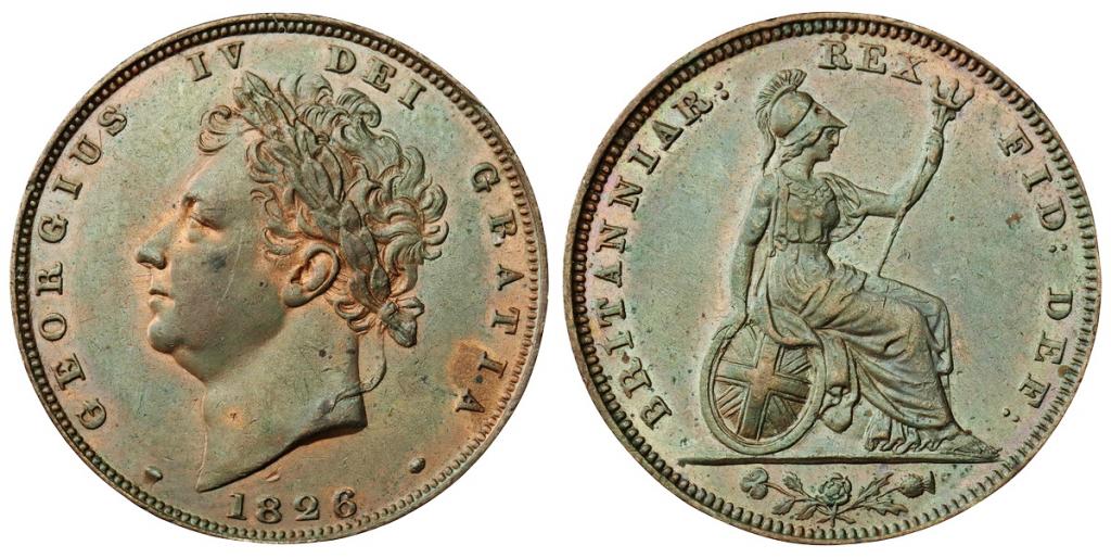 ВЕЛИКОБРИТАНИЯ 1 фартинг 1826 Король Георг IV ННР AU53BN (5VF965-0040)