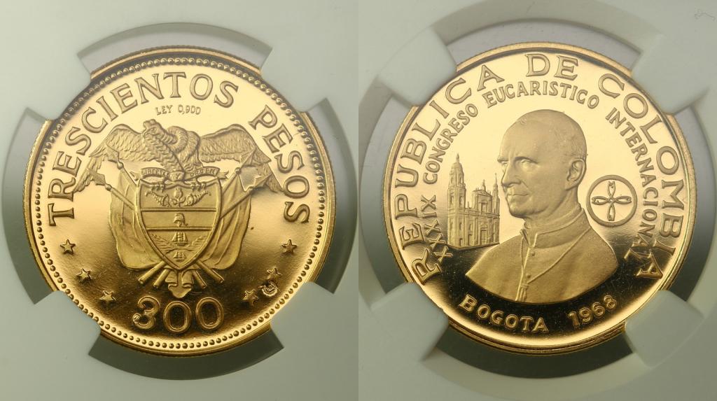 Колумбия. 300 песо 1968 года. Proof. В слабе NGC PF68UltraCameo. 280153