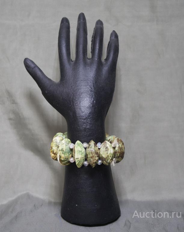 Браслет ракушки, зелёный, длина 20 см, на резинке  (8)