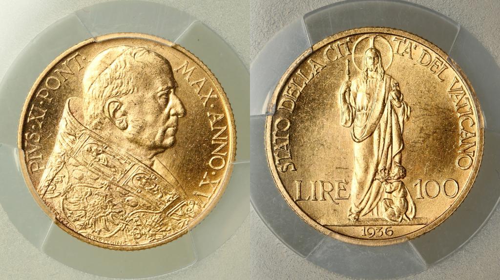 Ватикан. Пий XI. 100 лир 1936 года. В слабе PCGS MS64. 256695