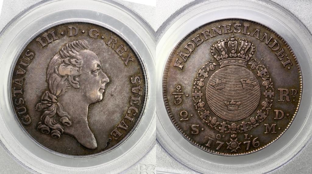 Швеция. Густав III. 2/3 риксдалера 1776 года. В слабе PCGS AU50. 268354