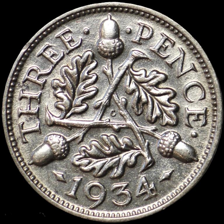3 пенса 1934 год. Великобритания. Георг V Серебро 0.500 проба.