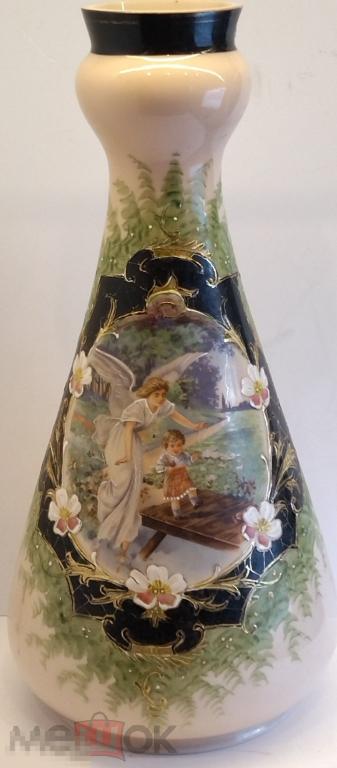 БОЛЬШАЯ АНТИКВАРНАЯ ВАЗА. ОПАЛИНОВОЕ СТЕКЛО, ЖИВОПИСЬ,ДЕКОЛЬ  ПОЗОЛОТА.