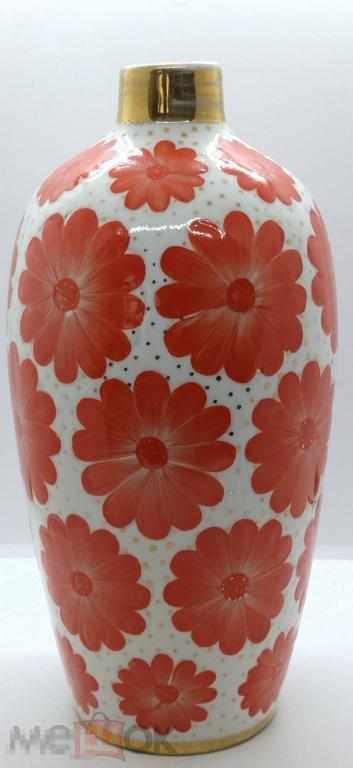 ВАЗА ГЕРБЕРЫ РУЧНАЯ РОСПИСЬ, ФАРФОР, ЛОЗ (ЛФЗИ) ЛЕНИНГРАД СССР 1960-е гг