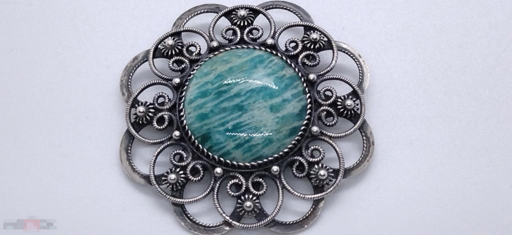 КРУПНАЯ БРОШЬ СЕРЕБРО 916(звезда) АМАЗОНИТ СССР СВЕРДЛОВСК  5см