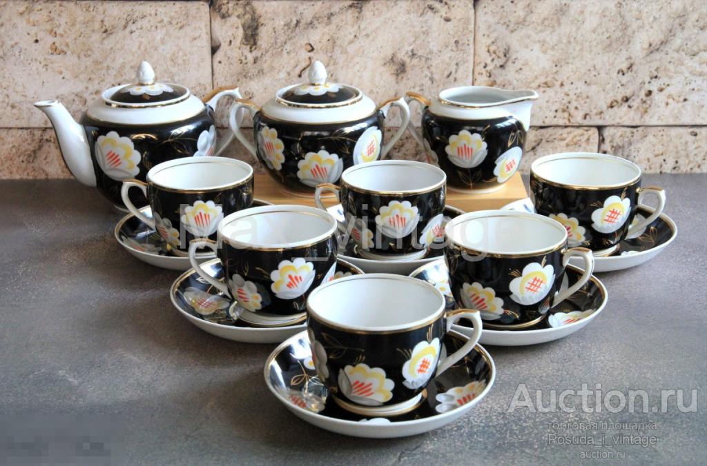 Чайный сервиз Хлопок на черном крытье. На 6 персон. Вербилки 50-е. Отличный