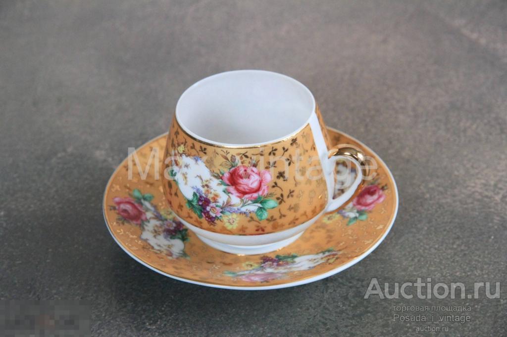 Кофейная пара №2 Yamasen GOLD COLLECTION. Япония. Костяной фарфор. Гейша на донышке