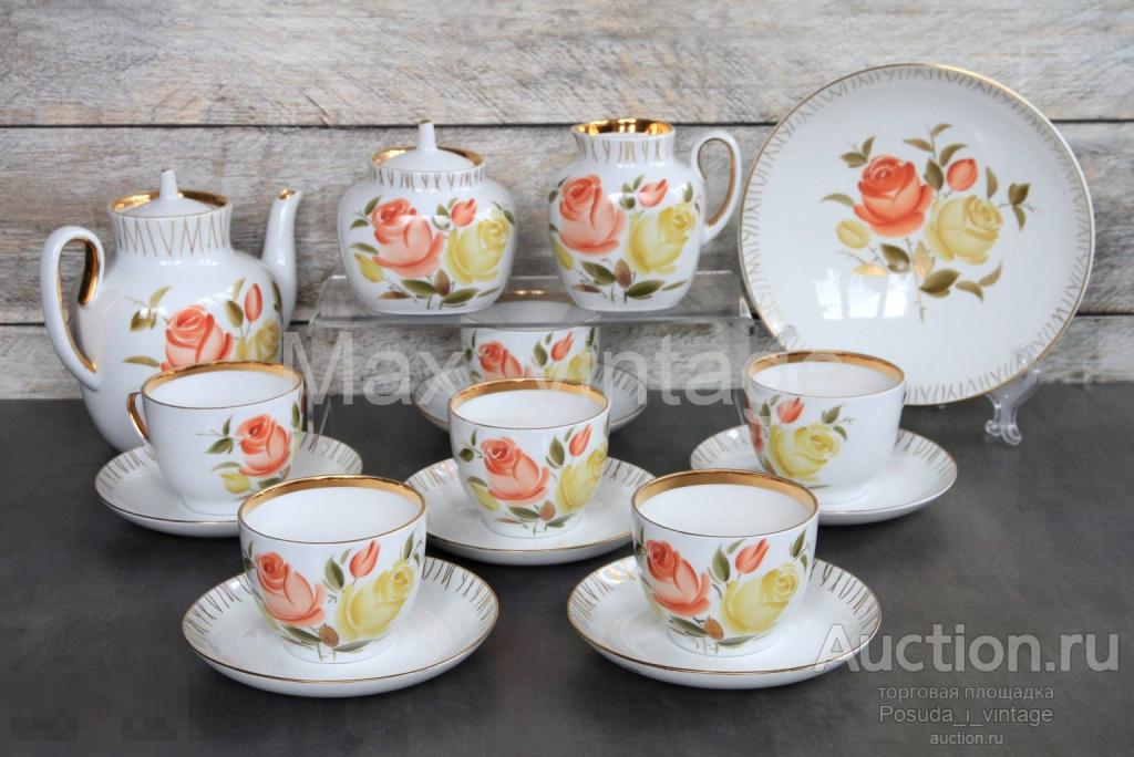 Чайный сервиз Букет чайных роз. ЛФЗ. Ручная роспись, золочение. Отличный!