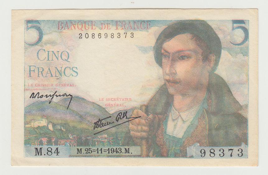 Франция 5 франков 1943 KM#98a.4  VF-XF