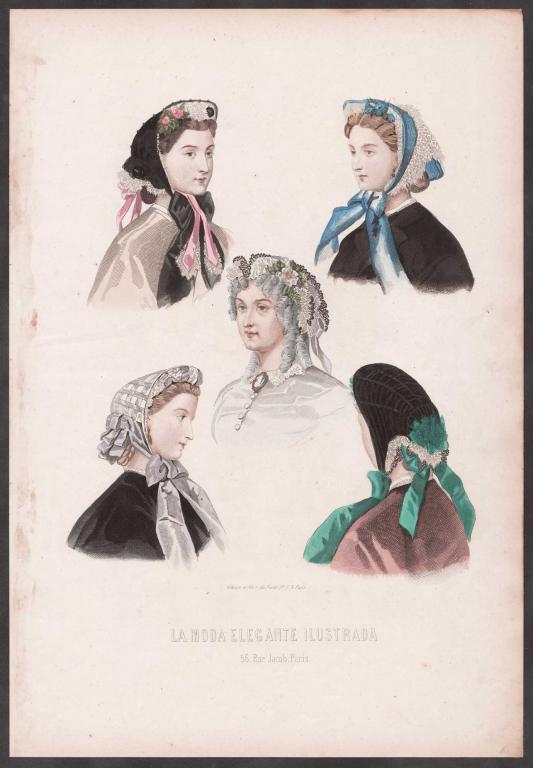 Франция. Парижская мода. Головные уборы, 1867 год.