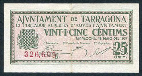Испания 25 сантимов 1937 AJUNTAMENT DE TARRAGONA   326605B