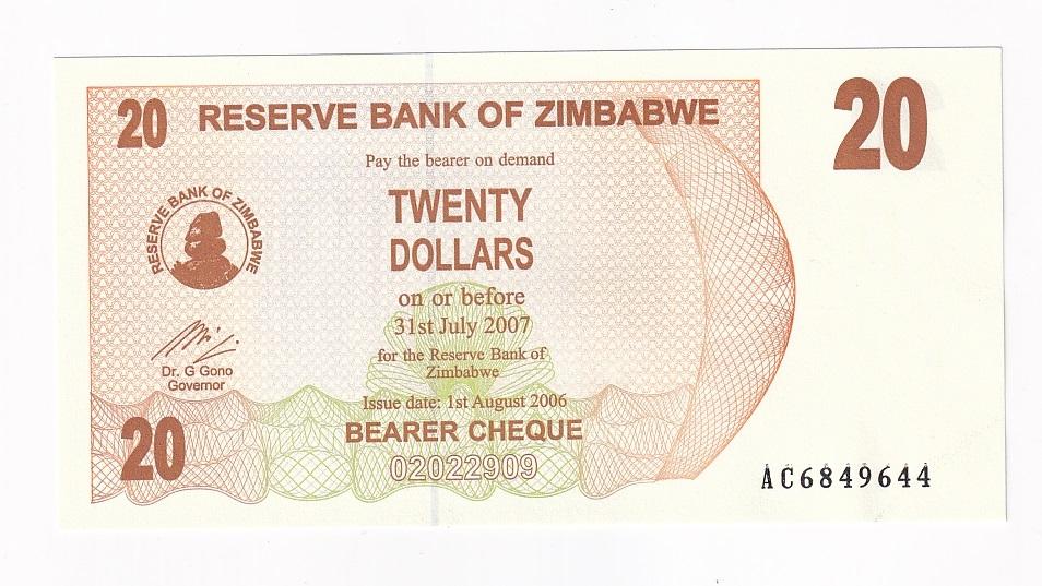 Зимбабве Банкнота 20 долларов 2006 год UNC (43470)