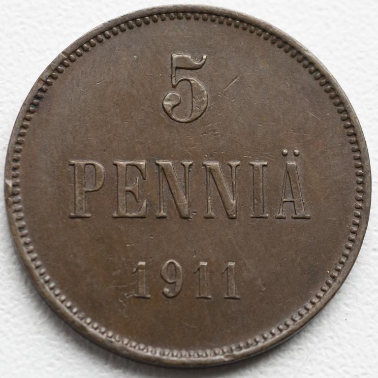 5 пенни 1911 года. Великое Княжество Финское. Состояние AU.