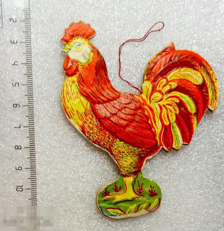 старая елочная игрушка ПЕТУШОК-ЗОЛОТОЙ ГРЕБЕШОК .ПЕТУХ.  объемный картон. РР3 Редкость!!!