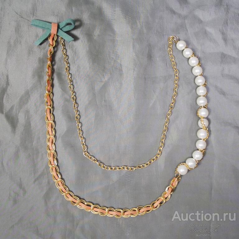 Бусы с зелёным бантом, металл, пластик.  длина 80 см (1)