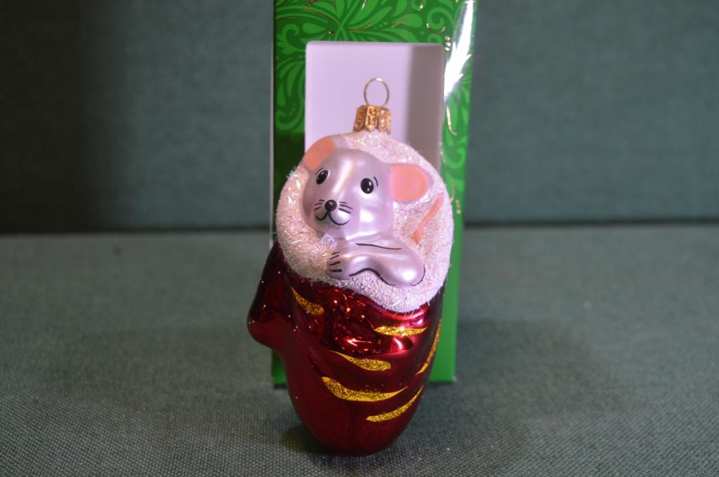 Елочная игрушка из стекла "Рукавичка". Мышка, мышонок. Красная. Клинское объединение "Елочка".