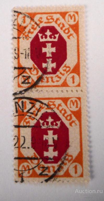 1921 год Германия Вертикальная Пара Марки 1 М Гашение 1922 год ДАНЦИГ