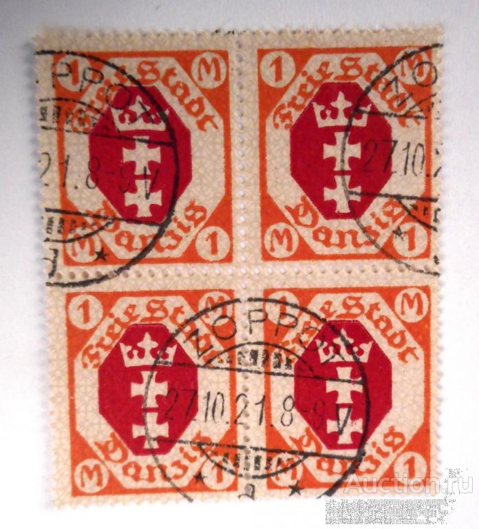 1921 год Германия Кварт блок Марки 1 М Гашение 1921 год ZOPPOT