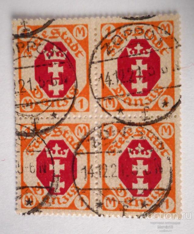 1921 год Германия ДАНЦИГ Кварт  Марки 1 М Гашение 1921 год ZOPPOT