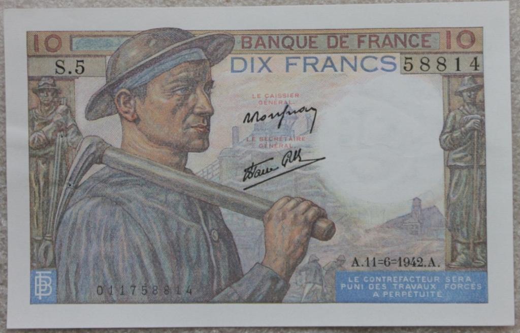 Франция 1942 г. 10 франков UNC пресс.