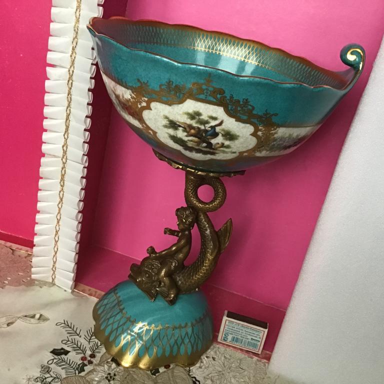 Бронза Фарфор Роскошная большая конфетница/ваза/фруктовница