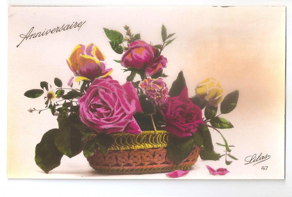 Старинная открытка - С Днем Рождения! - Франция, 1930 гг. | Цветы, розы в корзине