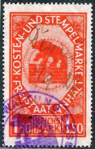 Германия 1926 Свободное государство Ангальт Anhalt 1,50 м. МЕДВЕДЬ фискальная гербовая непочтовая