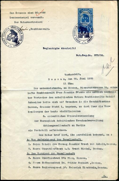 Германия 1928 Свободное государство Ангальт Anhalt документ шт. нотариуса 3 м. МЕДВЕДЬ фискальная