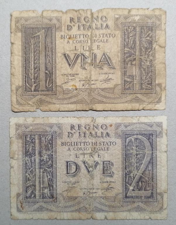 Италия 1 и 2 лиры 1939 год Pick 26; 27.