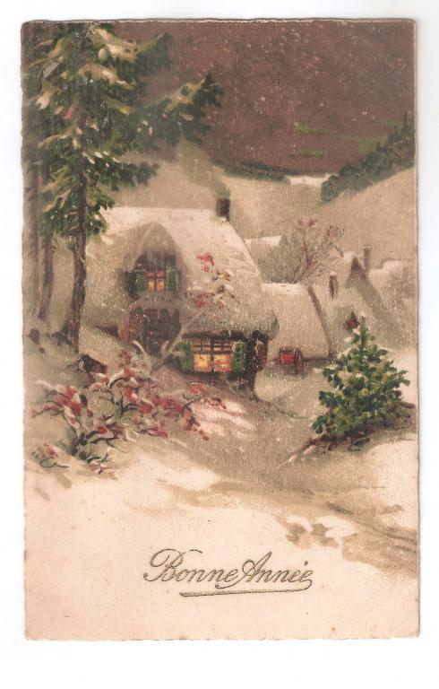 Старинная открытка - С Новым годом! - Германия, 1910 гг. | Зимний пейзаж, ночь