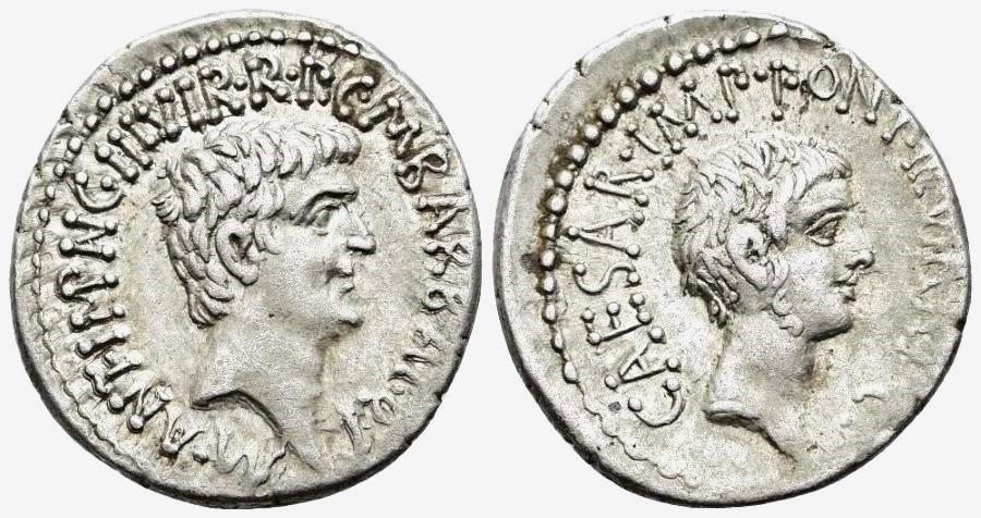 Рим республика Марк Антоний и Октавиан Август денарий Эфес XF