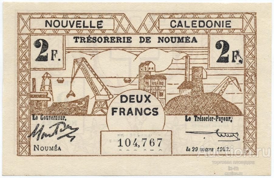 Новая Каледония 1943 г. 2 франка UNC