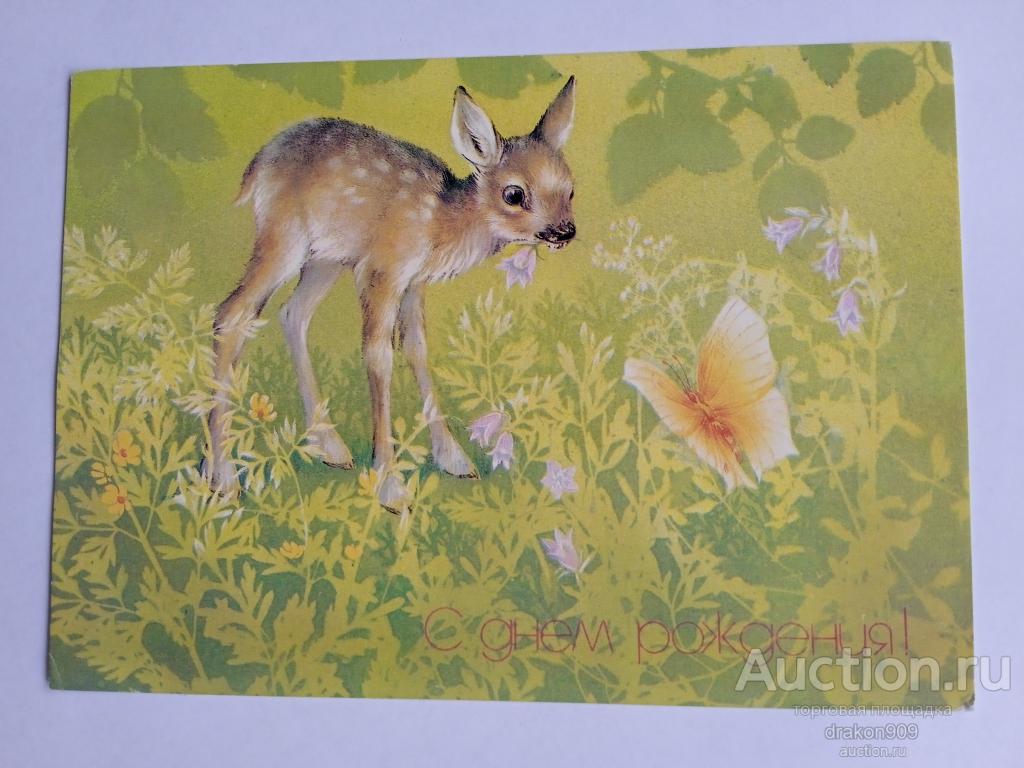 Открытка. Исаков. С днем рождения! Оленёнок бабочка 1986