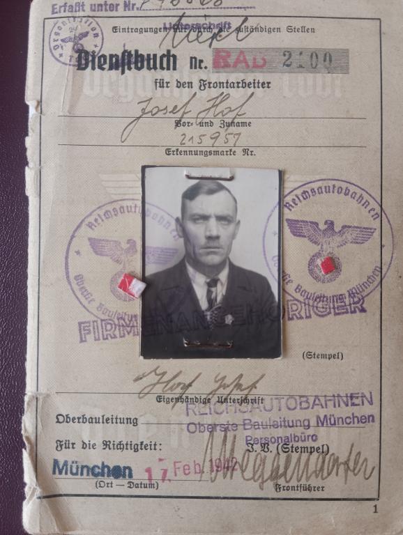 Служебная книжка немецкого фронтового рабочего.  Германия. 3-й Рейх. ВМВ.