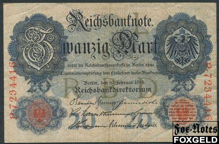 Германия / Reichsbank 20 марок 1914 #7 VF Ro.47b  L P.7234416