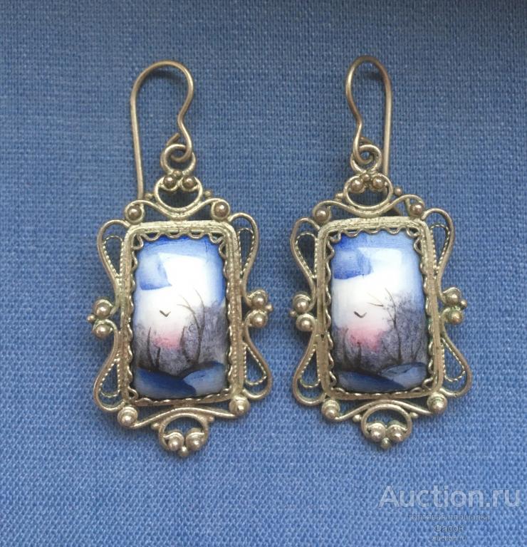 Серьги Финифть Ручная Роспись Эмаль